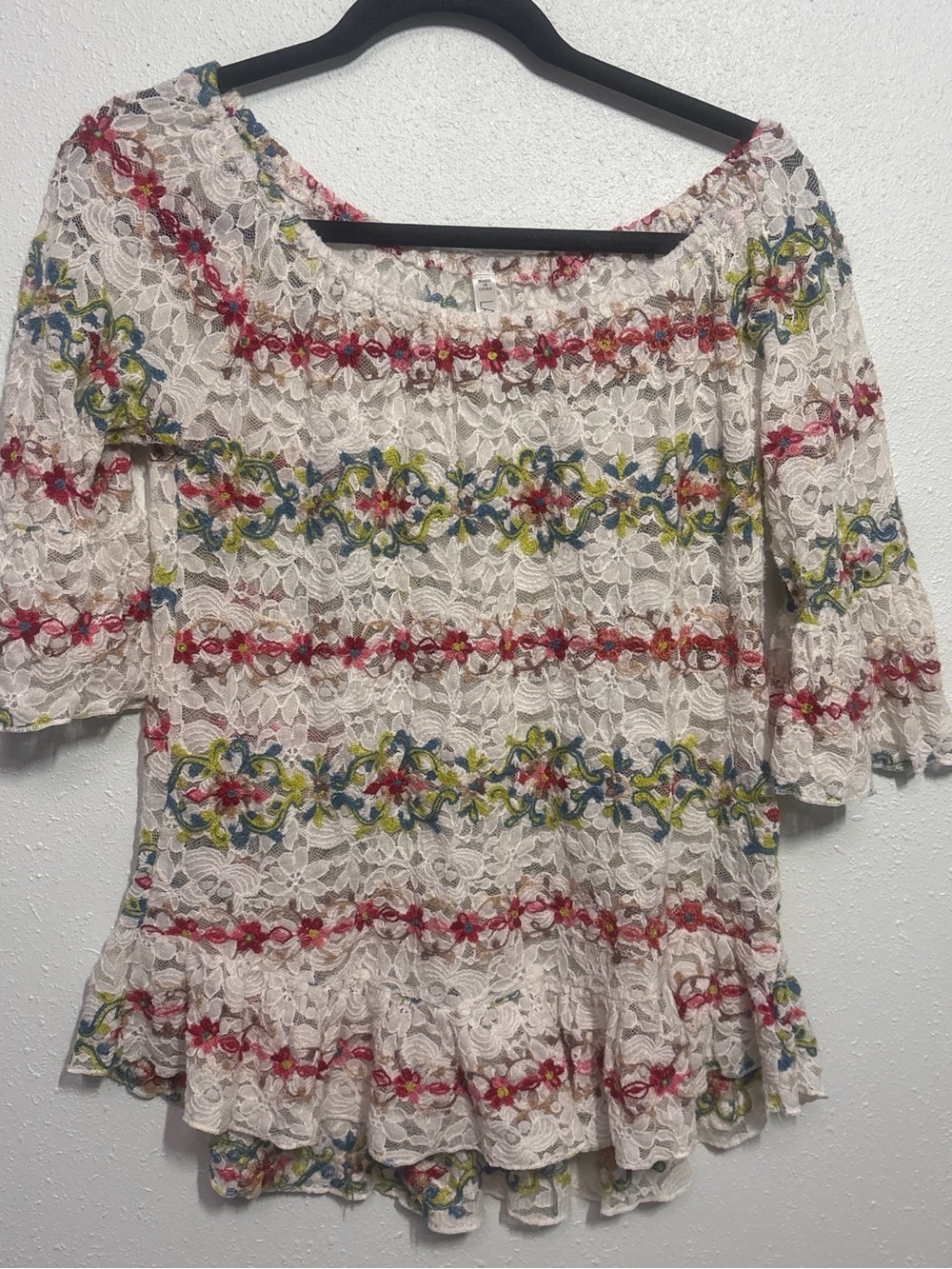 Lapis Cream Lace Peasant Top with Red, Blue & Green Embroidery